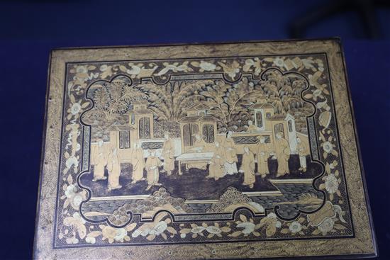 A Chinese export gilt-decorated black lacquer tea caddy, 19th century, W. 28cm